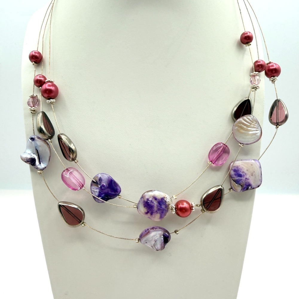 Vintage Purple Mother of Pearl Multi Strand Statement Necklace